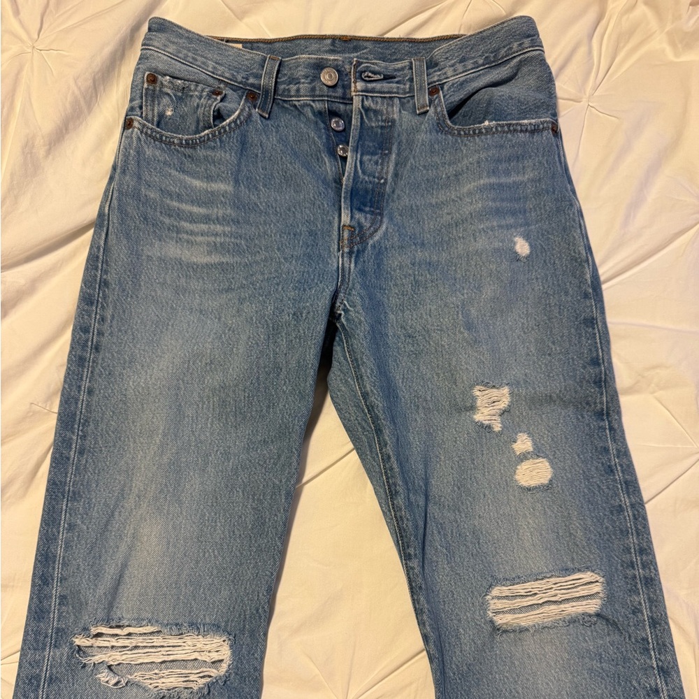 Levi's Blue Straight Leg Jeans with Distressed Details